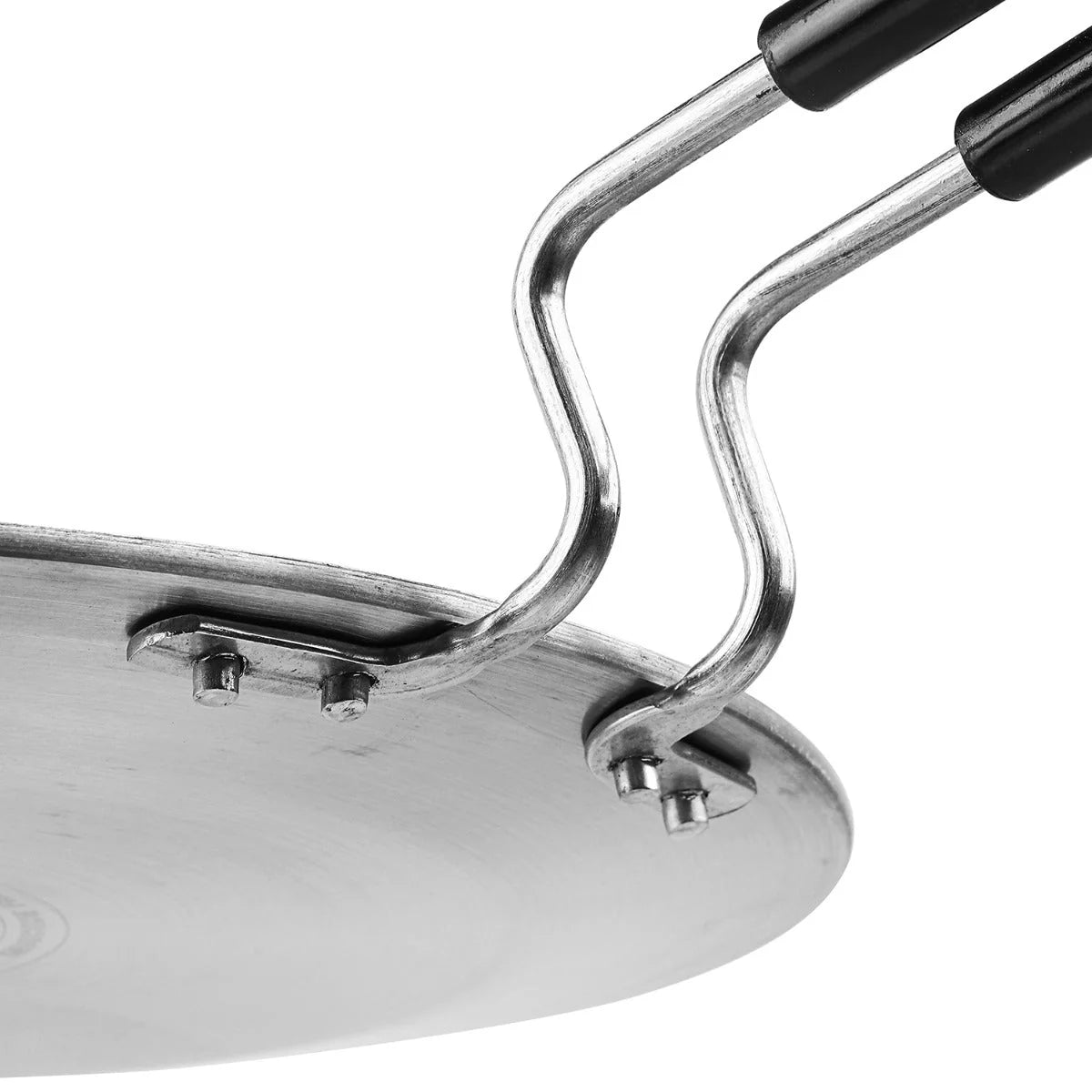 Close-up of a Stainless steel Tawa with a handle on a white background