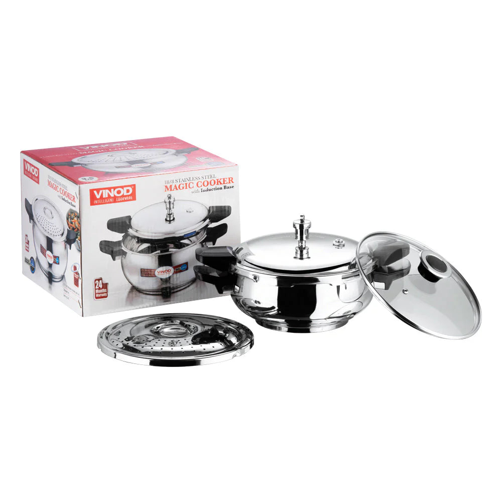 Stainless steel Pressure cooker set with a box labeled 'Vinod' on a white background
