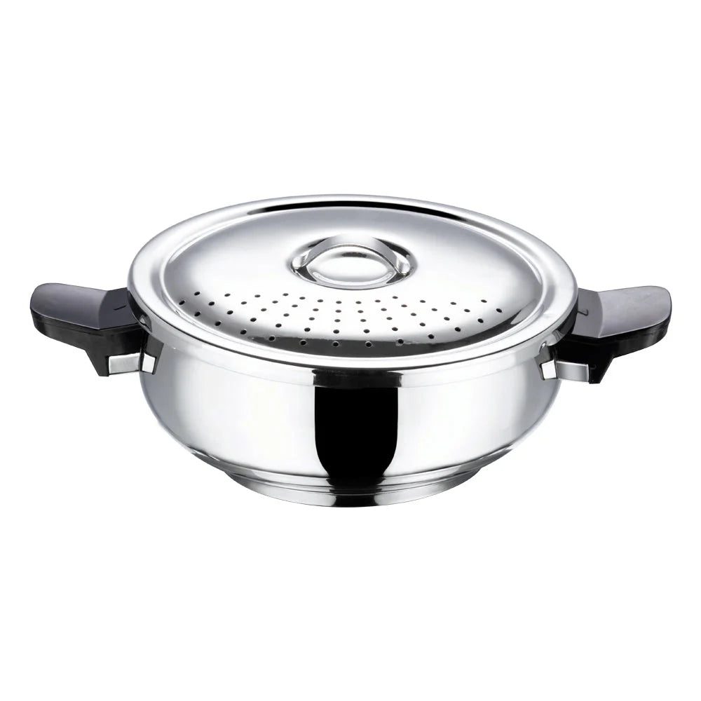 Stainless steel Pressure cooker with black handles and Strainer on top of it