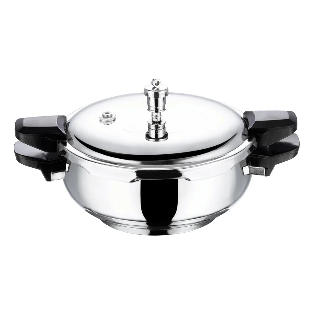 Stainless steel pressure cooker with black handles on a white background