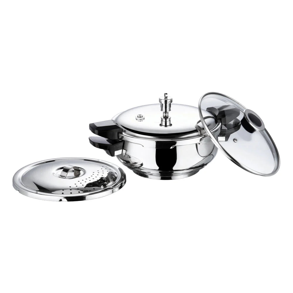 Set of stainless steel cookware with lids and strainer on a white background