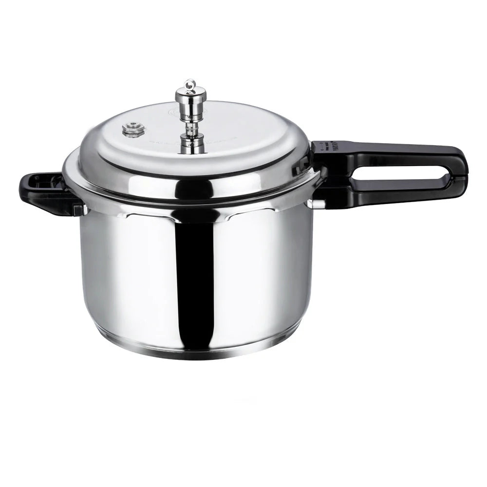 Stainless steel pressure cooker with black handles on a white background