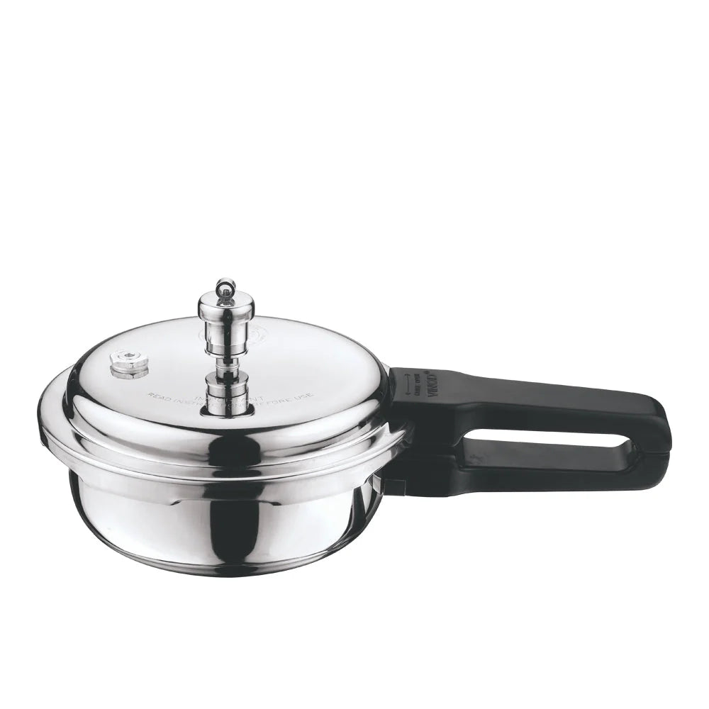 Stainless steel pressure cooker with a black handle