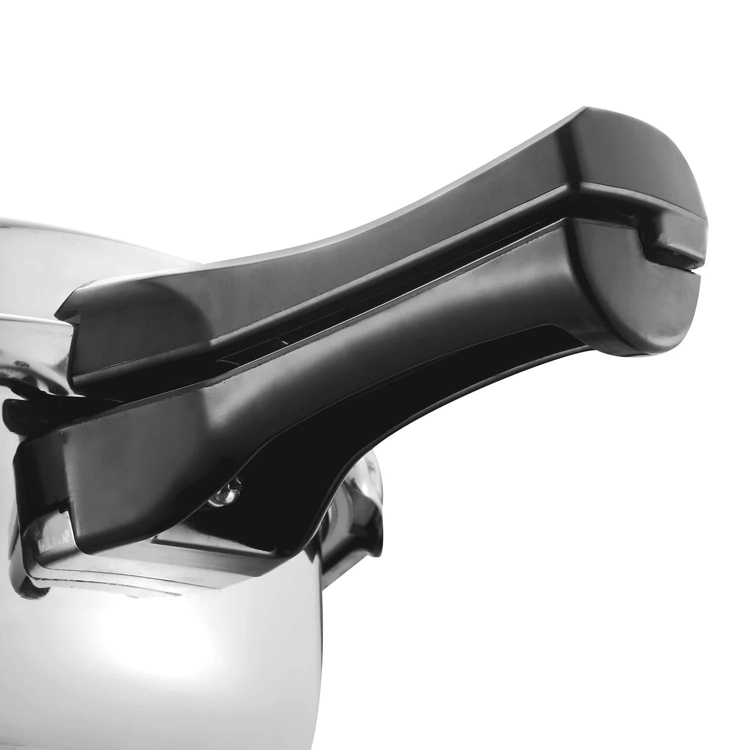 Close-up stainless steel pressure cooker handle