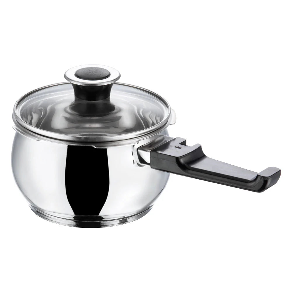 Stainless steel Pressure cooker with glass lid and black handle on a white background