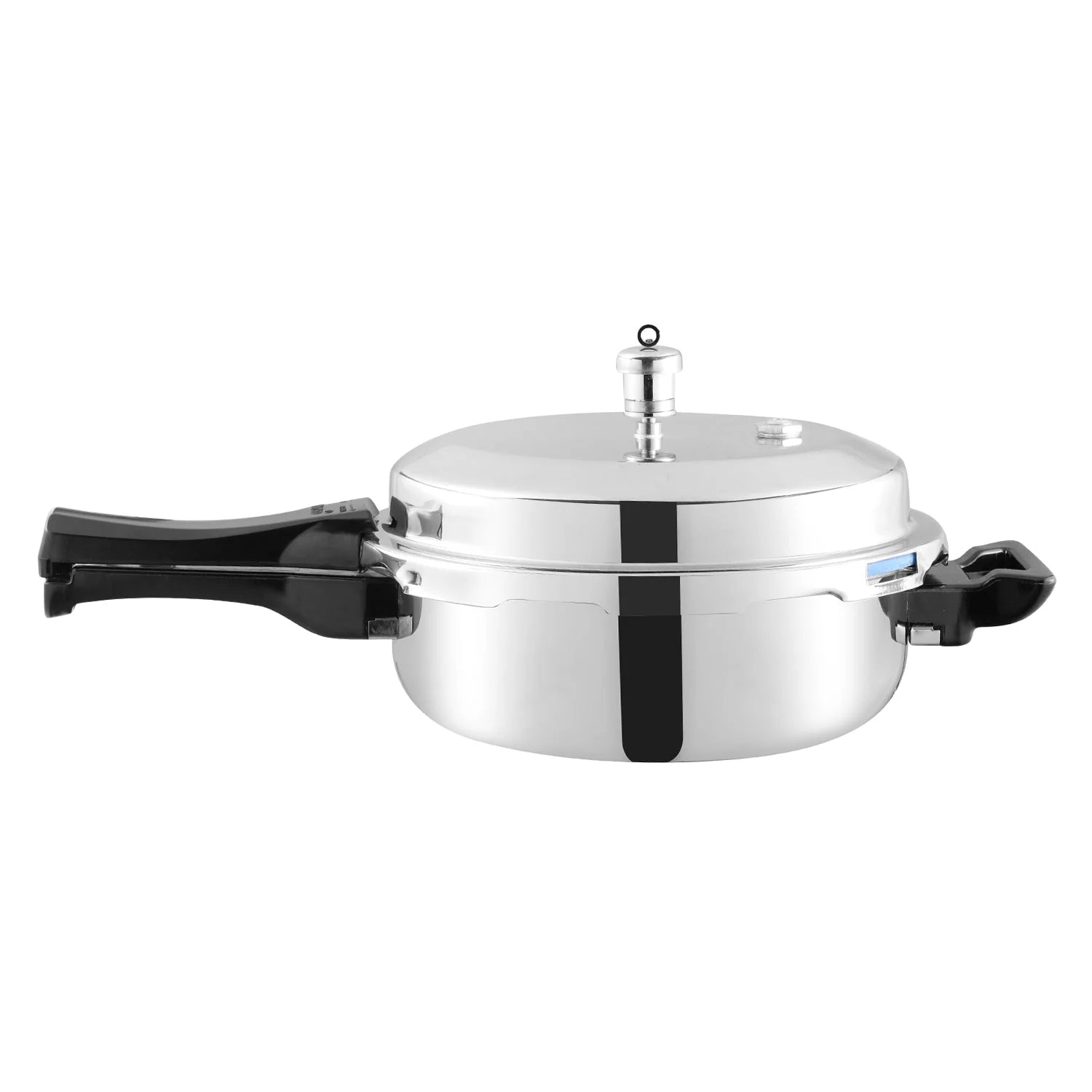 Side view of 2 liters Stainless steel pressure cooker with black handles on a white background
