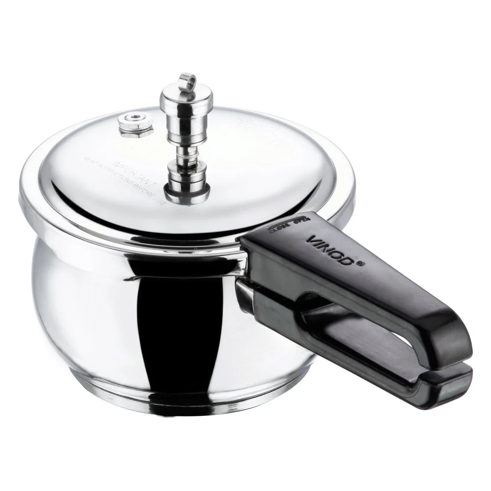 Stainless steel pressure cooker with black handle on a white background