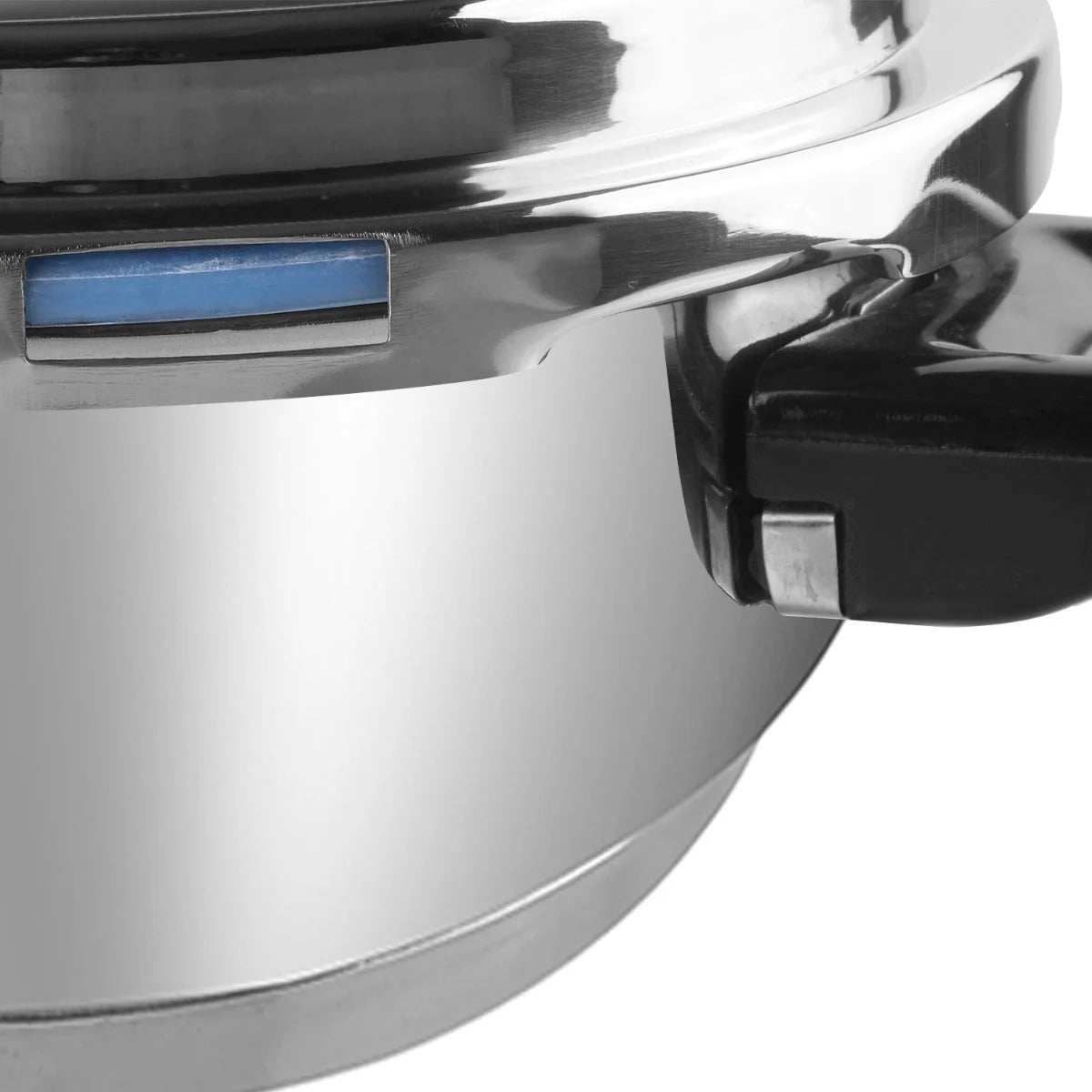 Close-up of a pressure cooker with a black handle