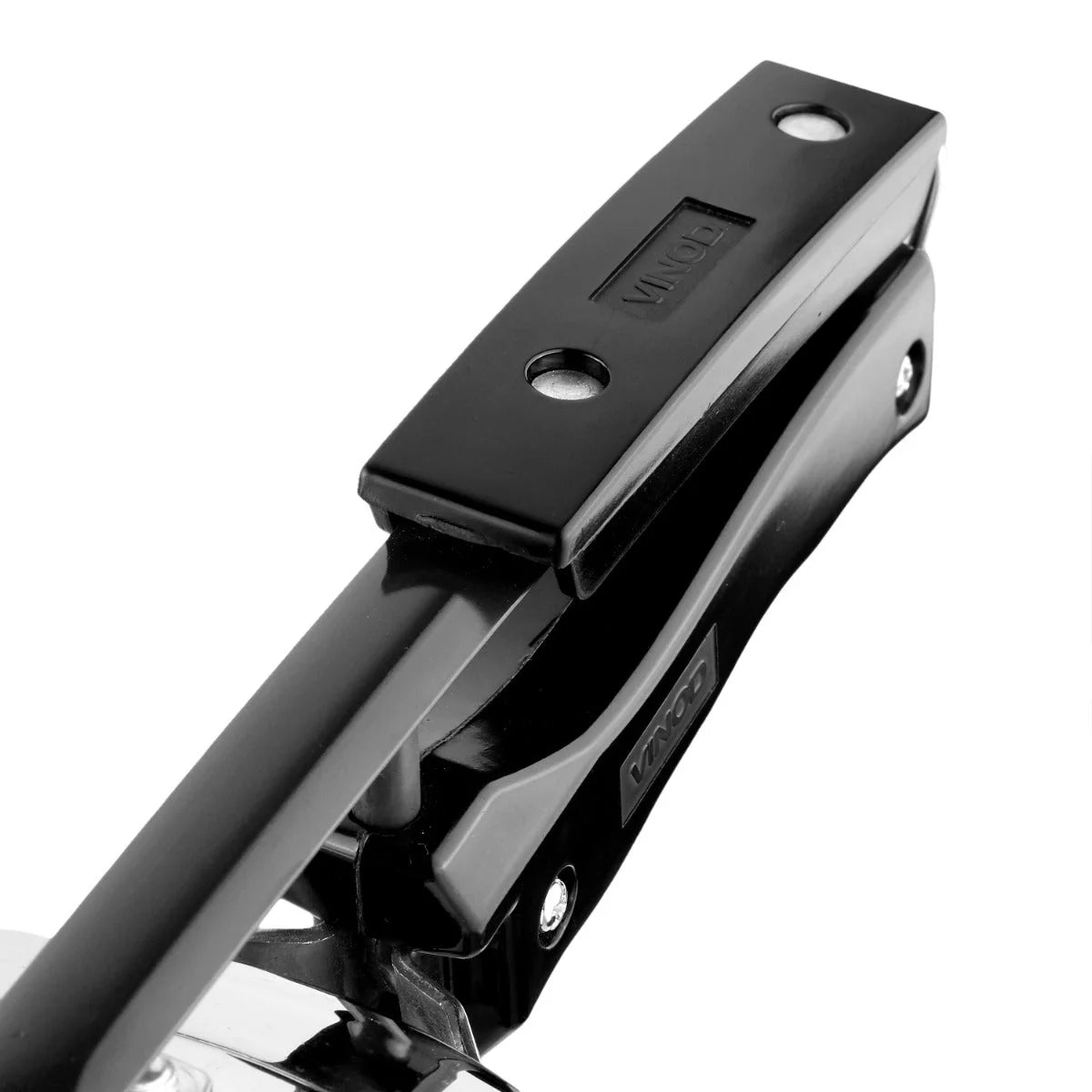 Stainless steel Pressure cooker Black handle close up from different angle