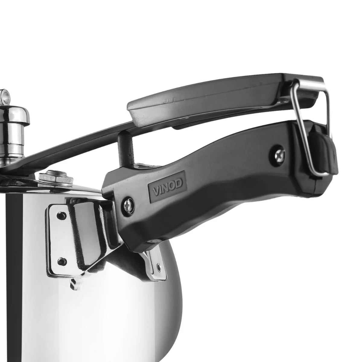 Stainless steel Pressure cooker Black handle close up