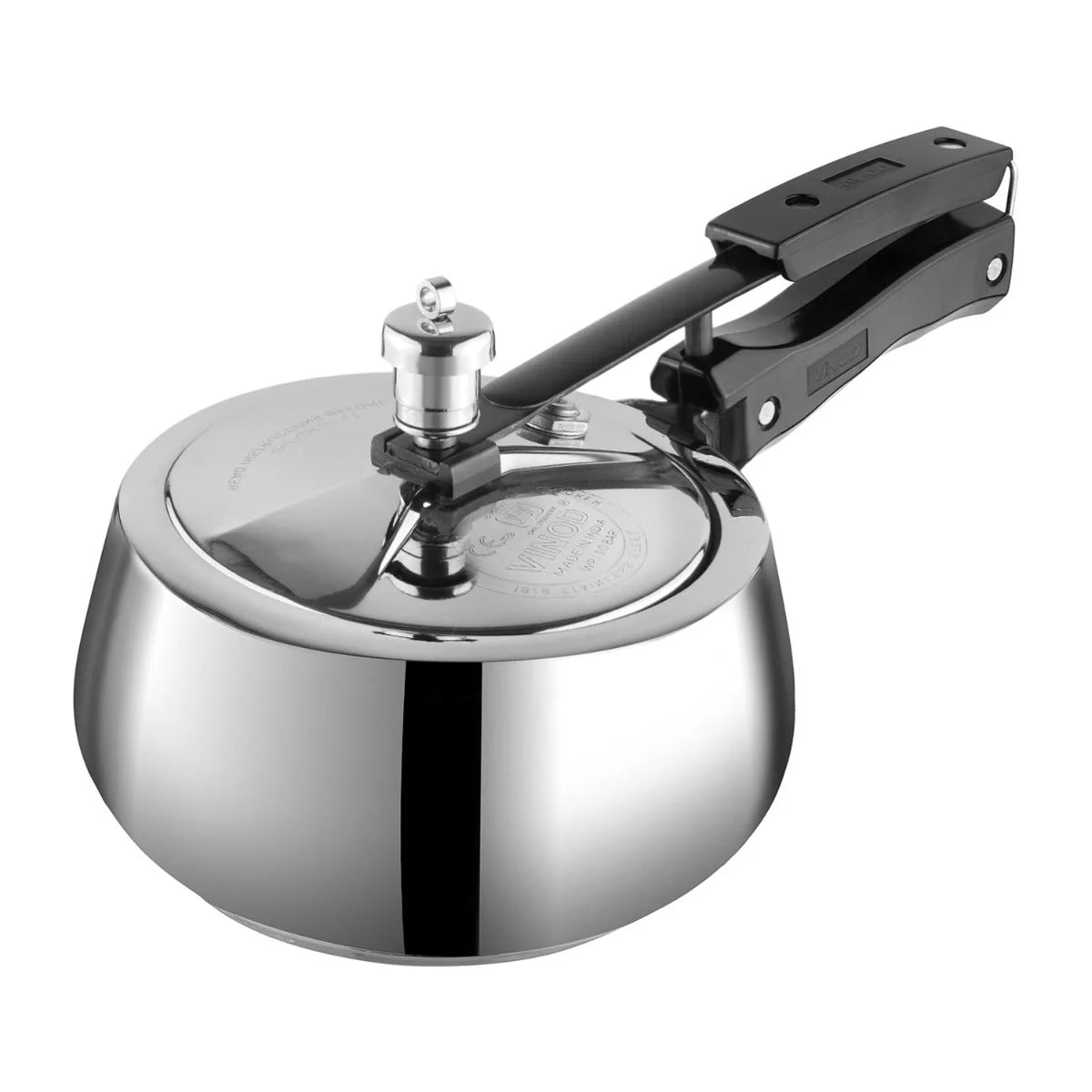 Stainless steel pressure cooker on a white background