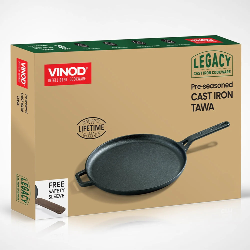 Vinod Legacy Pre-Seasoned Cast Iron Dosa Tawa 28 cm Box Package