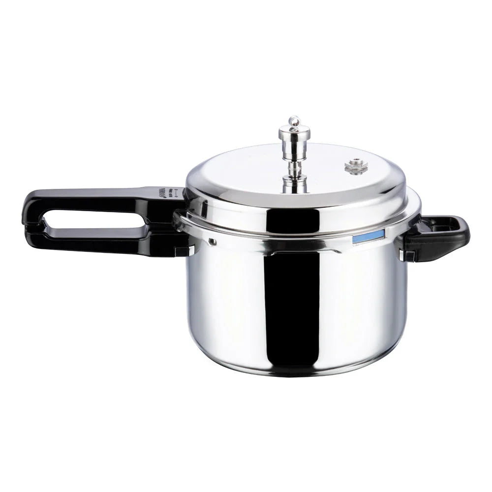 Stainless steel pressure cooker on a white background