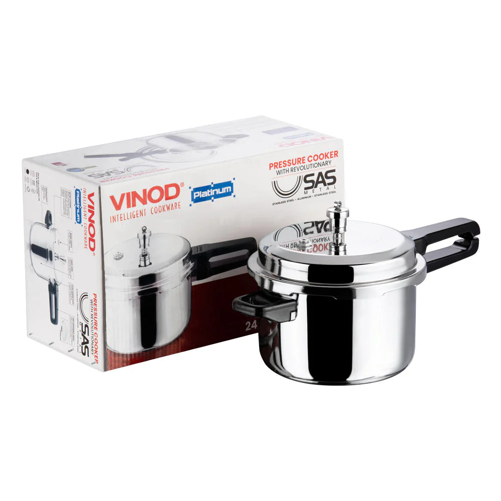 Stainless steel pressure cooker with VINOD branding and packaging on a white background