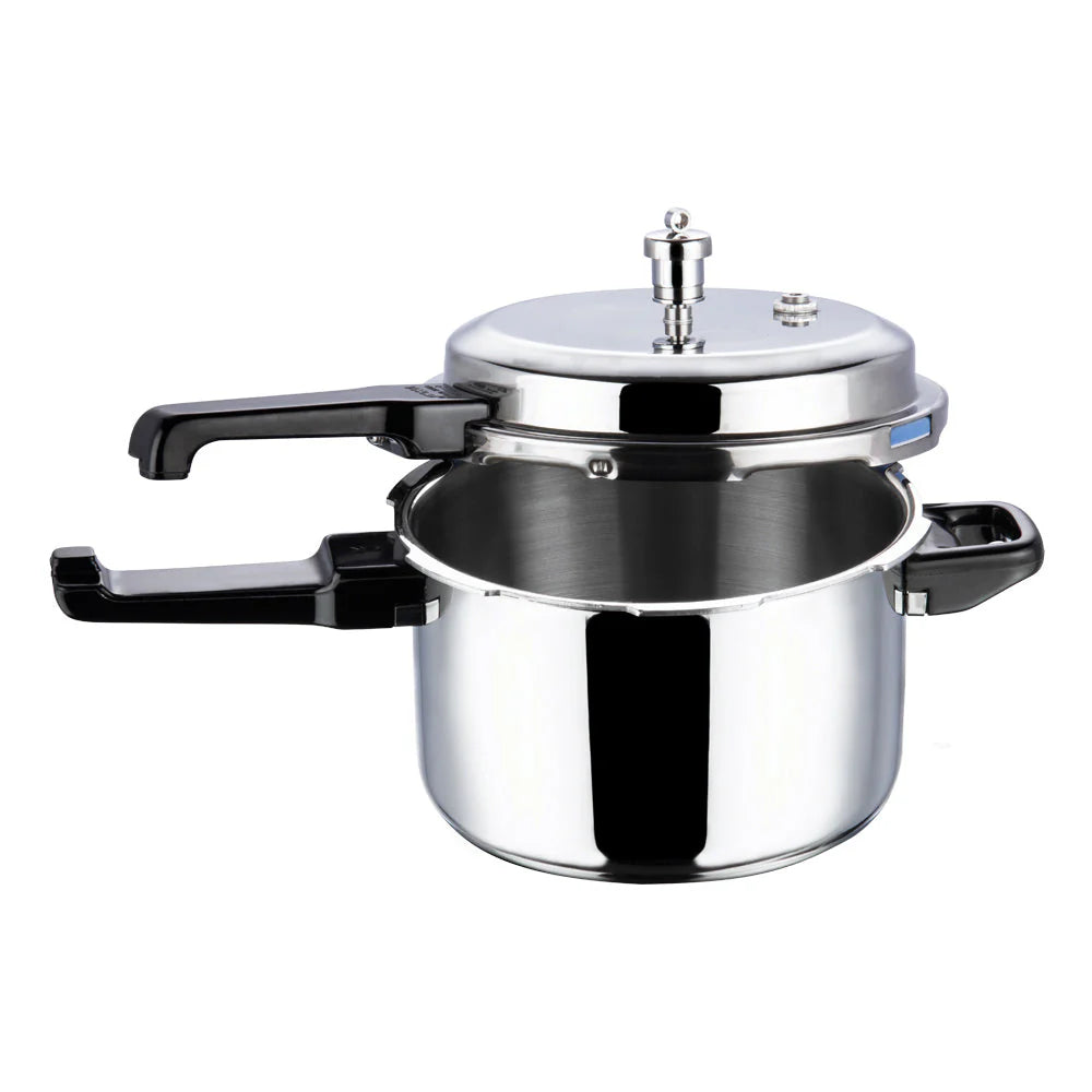 Metalic look Stainless steel pressure cooker on a white background