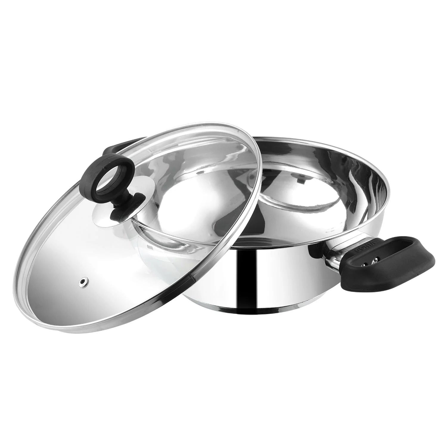 Vinod Deluxe stainless steel kadai with open toughened glass lid, showcasing its premium construction and ergonomic handles