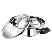 Vinod Deluxe stainless steel kadai with open toughened glass lid, showcasing its premium construction and ergonomic handles