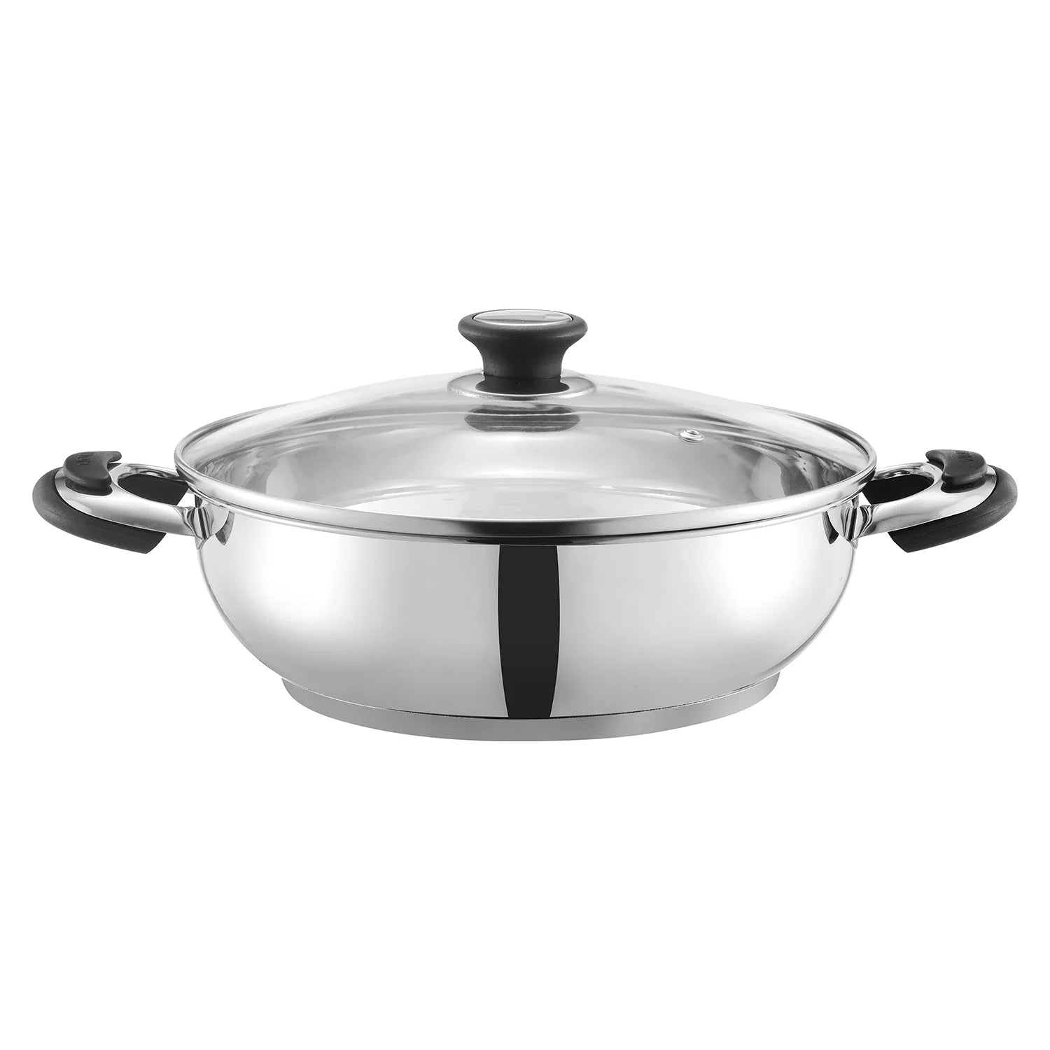A studio shot of the induction-compatible Vinod Durban Kadai, highlighting its durable 18/8 stainless steel body, SAS bottom for even heating, and a clear glass lid with a steam vent