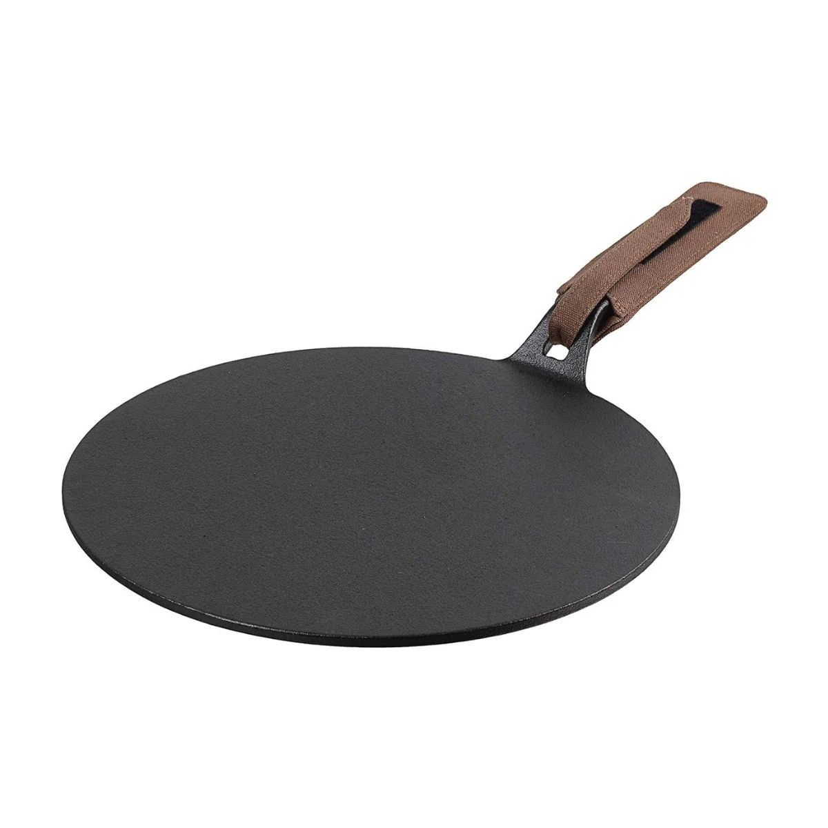Vinod Legacy Cast Iron Flat Multi Tawa 30 cm with leather handle sleeve, side view for induction and gas compatibility