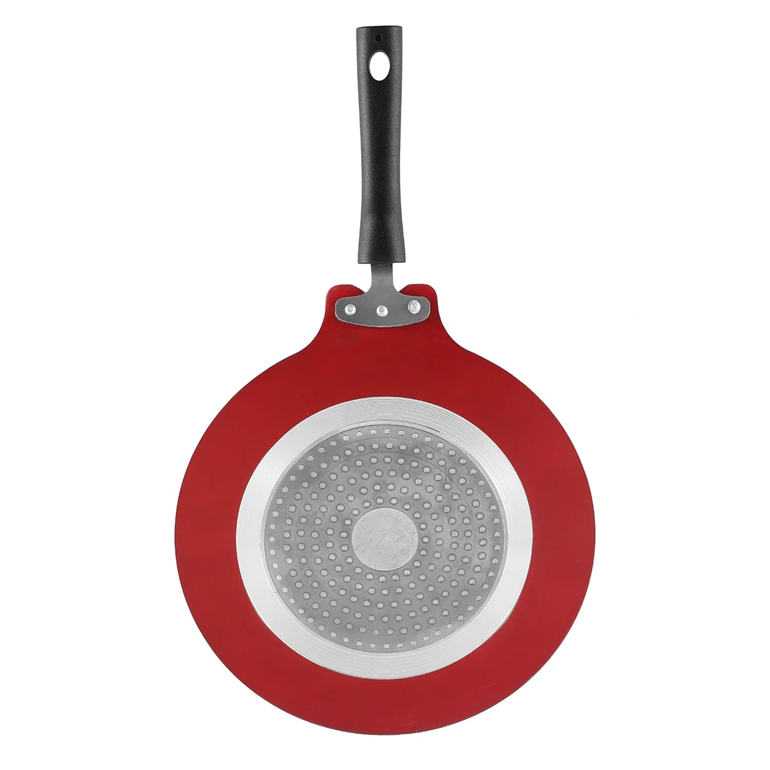 Bottom view of Vinod Non-Stick Flat Multi Tawa 28cm showing induction-compatible base with virgin aluminium construction and red exterior finish