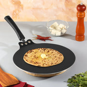 Perfect golden paratha with butter being cooked on Vinod Non-Stick Flat Multi Tawa 28cm showing excellent PFOA-free coating performance with cooking ingredients