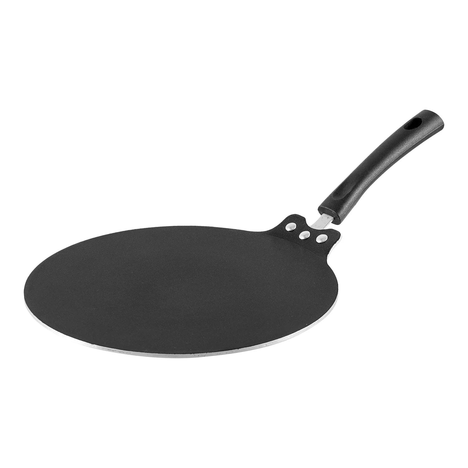 Side profile view of Vinod Non-Stick Flat Multi Tawa 28cm showcasing triple-rivet handle construction and scratch-resistant black coating surface