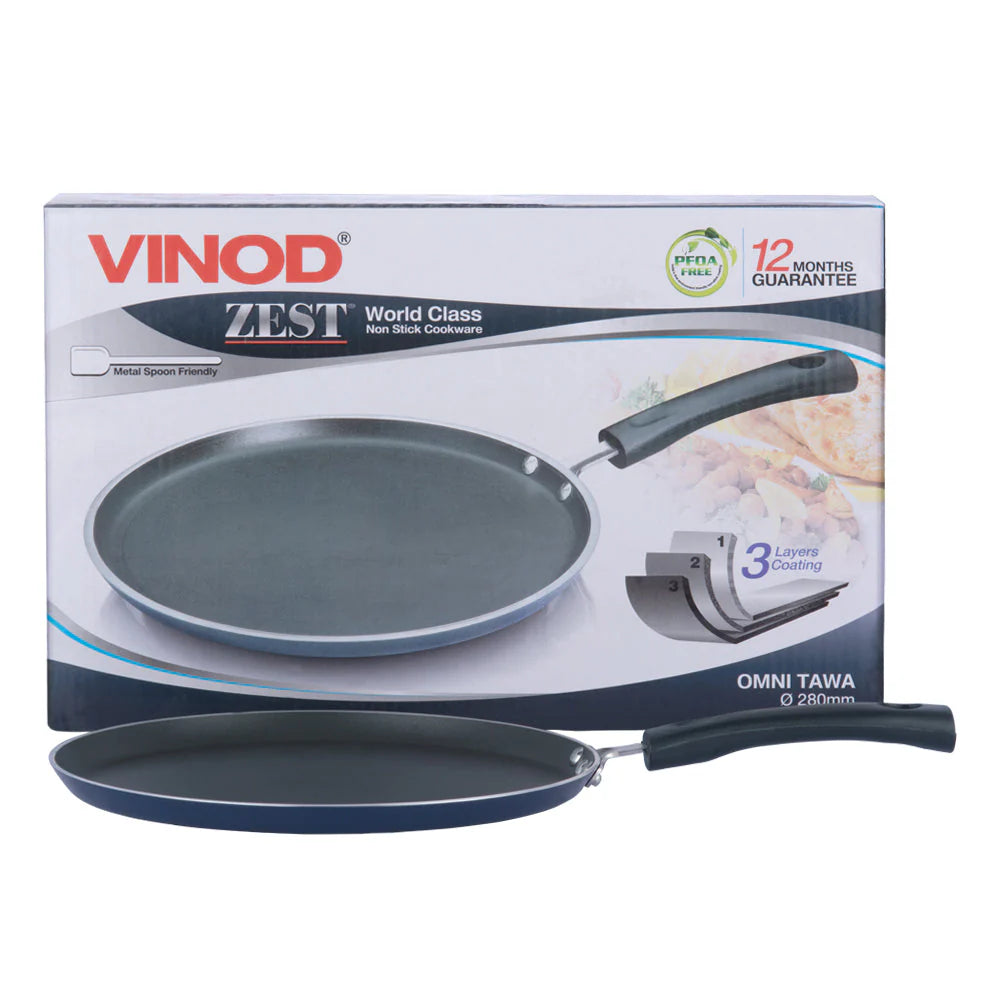 Vinod Zest Omni tawa set packaging with two tawa pans on a white background
