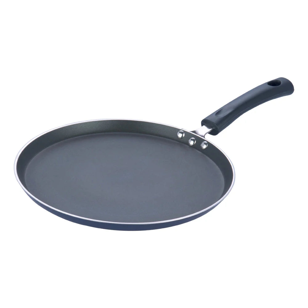 vinod omni 28cm tawa with a black handle on a white background
