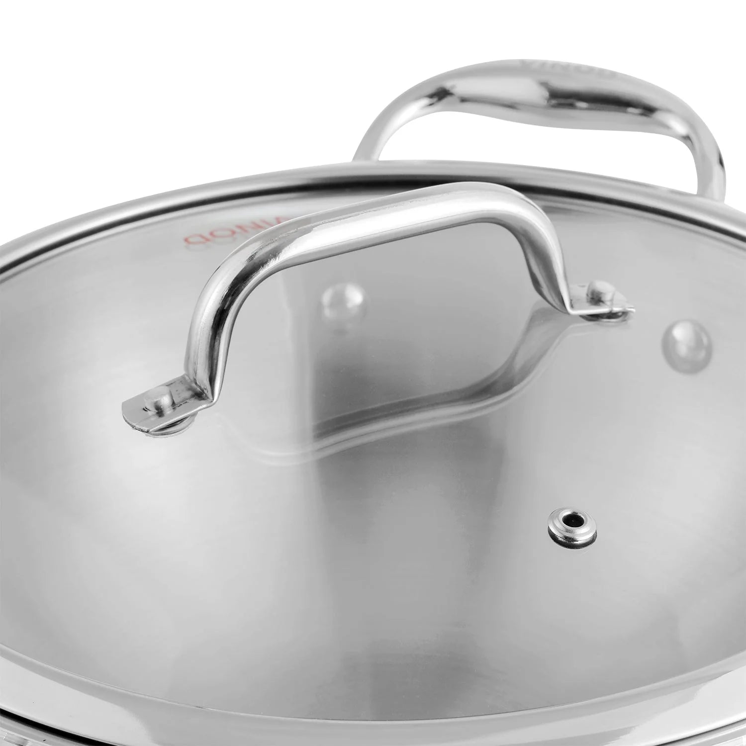 Close-up of Vinod Platinum triply kadai glass lid handle showing stainless steel construction and premium finish for professional cooking