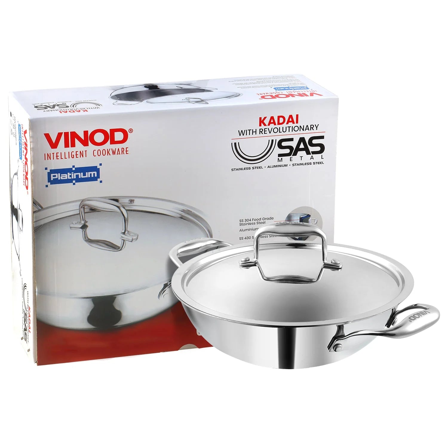 Vinod Platinum triply stainless steel kadai with original packaging box showing SAS technology and intelligent cookware branding for professional cooking