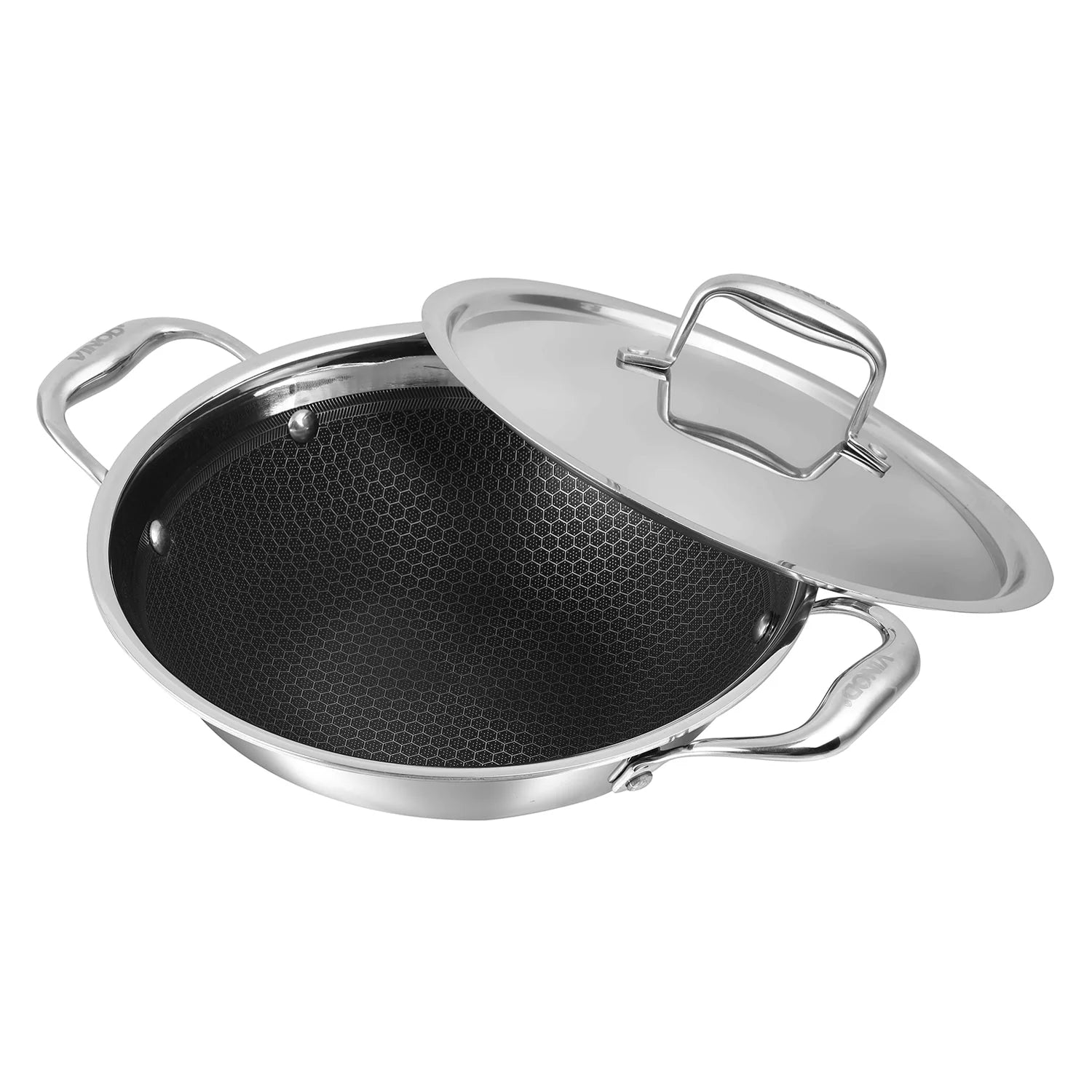 A look inside the Vinod Platinum SAS Pro Extra Deep Kadai, revealing the advanced, toxin-free honeycomb non-stick surface designed for healthy cooking and effortless food release
