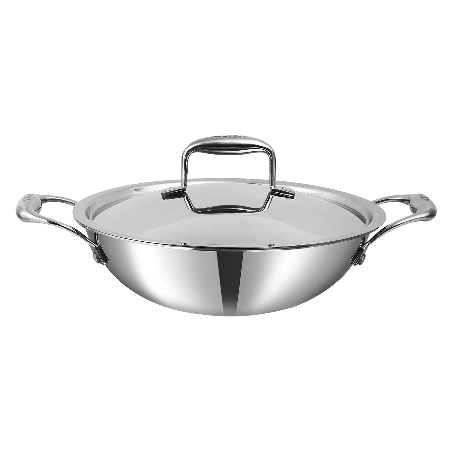 Front view of the Vinod Platinum SAS Pro Extra Deep Kadai with its polished stainless steel lid, highlighting its high-capacity design and premium riveted handles for secure handling