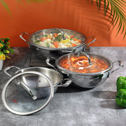 Vinod Platinum triply stainless steel kadai collection with vegetable biryani, butter paneer masala, and extra deep design for authentic Indian cooking