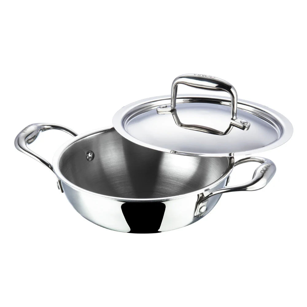 Vinod Platinum triply stainless steel kadai side view showing dual riveted handles and durable construction for induction and gas cooktops