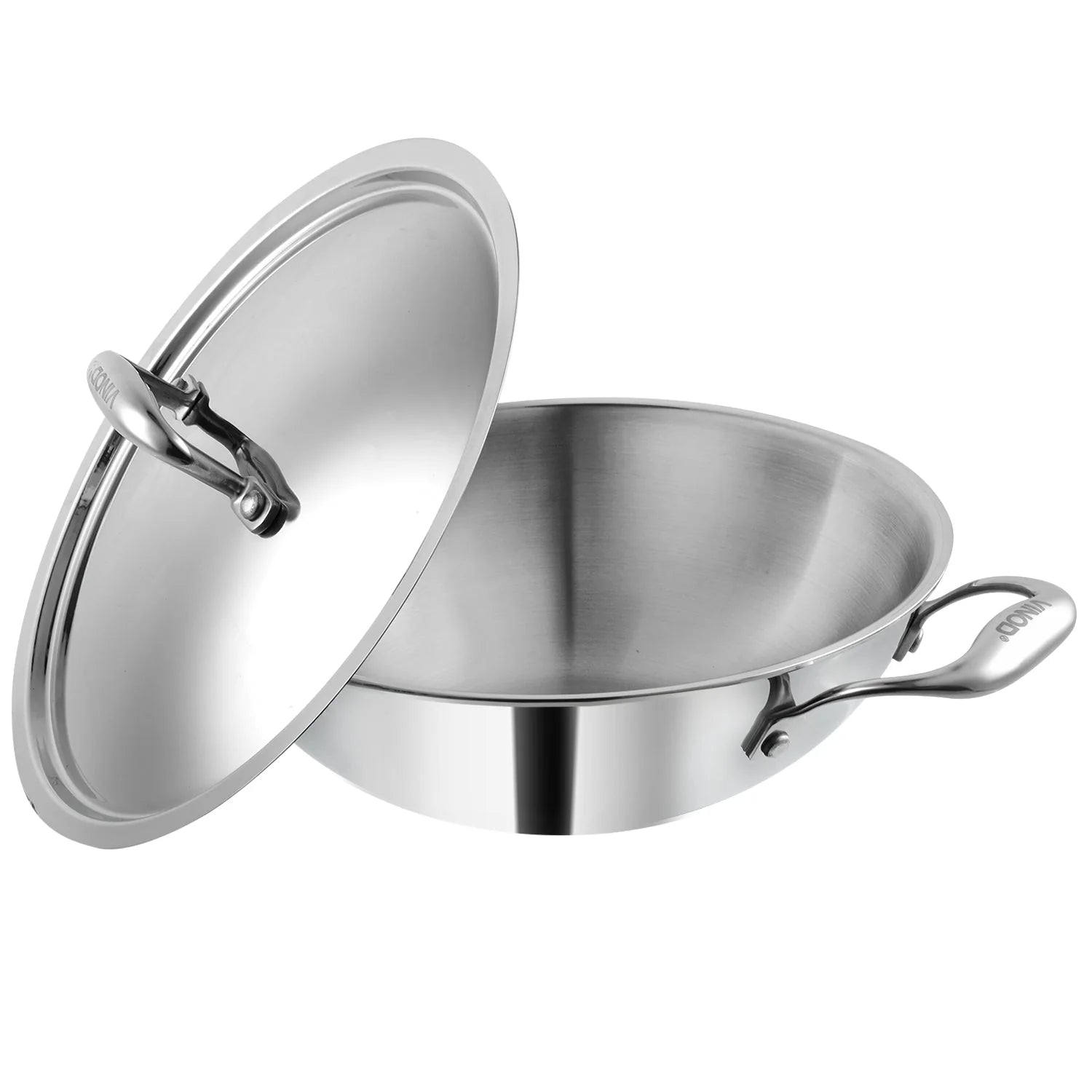 Vinod Platinum triply stainless steel kadai with lid showing dual riveted handles, mirror finish, and 3-layer construction for induction cooking